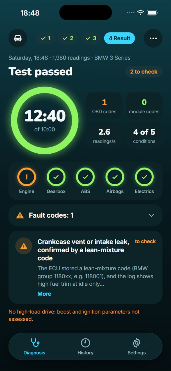 Diag4You result screen: test passed, 2 things to check, finding card about an intake leak