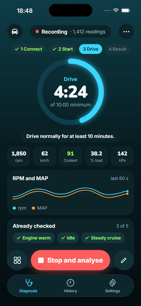 Drive screen: countdown ring, five live values, engine speed chart